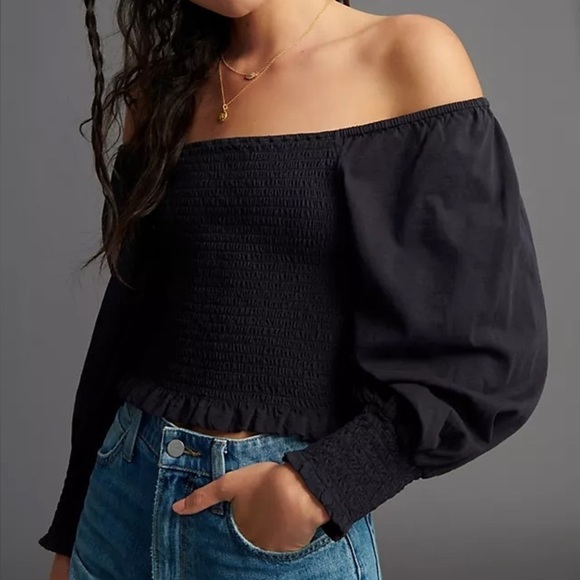 Anthropologie Tops - Anthropologie black size medium Smocked Crop Top blouse shirt